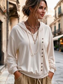 Weeklong Plus Size Women's Autumn/Winter Hooded Asymmetric Diagonal Button Decor Casual Daily Sports Sweatshirt - Apricot - View 3