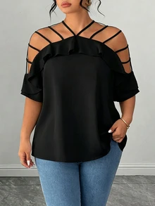 Elenzga Plus-Size Women's Cold Shoulder Short-Sleeve Ruffle Loose Casual Vacation Top, Runs A Bit Large On The Shoulders - Black - View 6