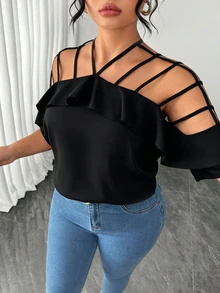 Elenzga Plus-Size Women's Cold Shoulder Short-Sleeve Ruffle Loose Casual Vacation Top, Runs A Bit Large On The Shoulders - Black - View 4