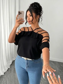 Elenzga Plus-Size Women's Cold Shoulder Short-Sleeve Ruffle Loose Casual Vacation Top, Runs A Bit Large On The Shoulders - Black - View 8