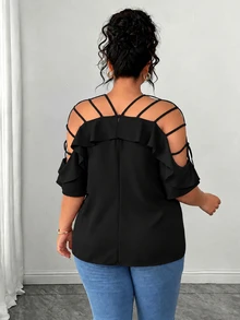 Elenzga Plus-Size Women's Cold Shoulder Short-Sleeve Ruffle Loose Casual Vacation Top, Runs A Bit Large On The Shoulders - Black - View 2