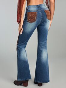 ROMWE Plus Size Women's Vintage Western Cowboy Hippie 2 In 1 Suede Fabric Patchwork Studded Flare Jeans - Multicolor - View 10