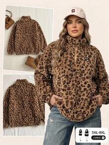 SHEIN CURVE+ Plus Size Leopard Print Pullover Sweatshirt, Christmas - Black - View 3