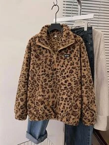 SHEIN CURVE+ Plus Size Leopard Print Pullover Sweatshirt, Christmas - Black - View 1