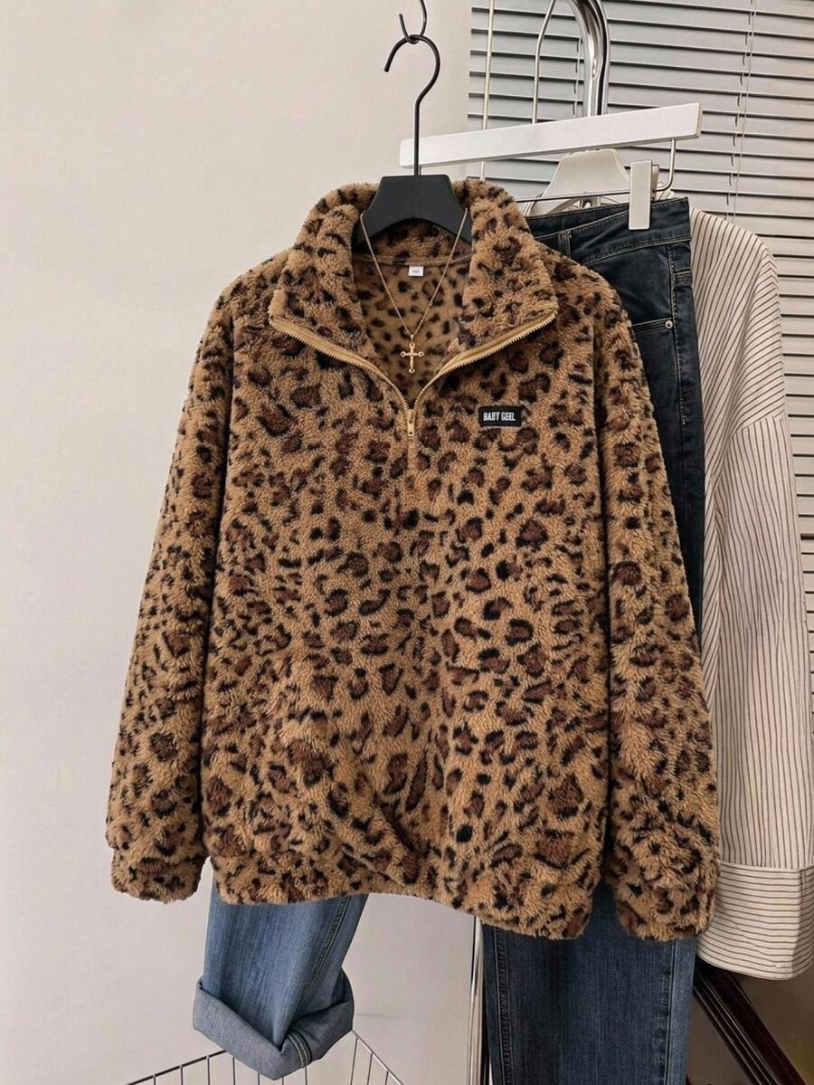 SHEIN CURVE+ Plus Size Leopard Print Pullover Sweatshirt, Christmas - Black - View 1