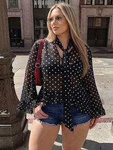 SHEIN ICON Plus Size Vintage 1950s Fluffy Y2K Polka Dot Bell Sleeve Loose Sheer Ruffle Trim Cover Up Bowknot Ribbon V-Neck Chiffon Shirt Brunch Date Night Black - Black and White - View 1