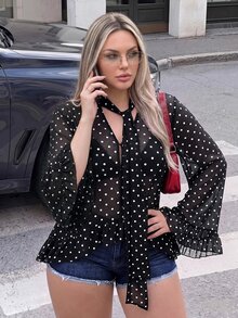 SHEIN ICON Plus Size Vintage 1950s Fluffy Y2K Polka Dot Bell Sleeve Loose Sheer Ruffle Trim Cover Up Bowknot Ribbon V-Neck Chiffon Shirt Brunch Date Night Black - Black and White - View 2
