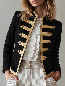 SHEIN Women's Long Sleeve Button Design Napoleon Regular Jacket, Renaissance Outfit, Social Clothing, Fall Winter, Vintage Night Out Black And Gold - Black - View 3