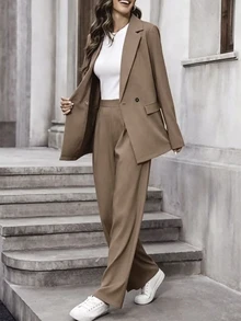 SHEIN Women's Lapel Shoulder Long Sleeve Loose Casual Elegant Suit Set Teachers' Day Office Mocha Brown Summer - Coffee Brown - View 4