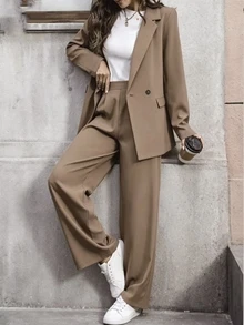 SHEIN Women's Lapel Shoulder Long Sleeve Loose Casual Elegant Suit Set Teachers' Day Office Mocha Brown Summer - Coffee Brown - View 7