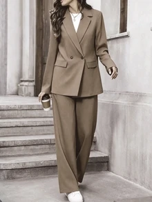SHEIN Women's Lapel Shoulder Long Sleeve Loose Casual Elegant Suit Set Teachers' Day Office Mocha Brown Summer - Coffee Brown - View 5