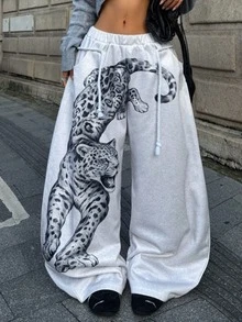 Coolane 女款四季休閒街頭風外出運動優雅時尚可愛學院風Y2K白色豹紋寬鬆高腰聚酯纖維寬腿運動長褲 - 灰色 - 查看 1