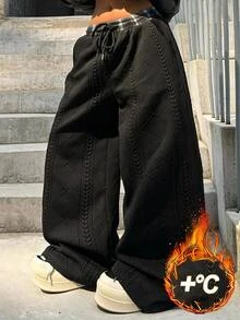 Coolane 女款冬季紋理針織百搭休閒居家運動風優雅外出黑色寬鬆高腰抽繩聚酯纖維彈性纖維寬腿運動長褲 - 黑色 - 查看 4