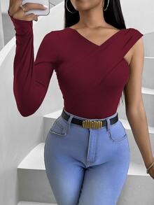 Zolique Women's Solid Color Ruched Fitted Long Sleeve Casual T-Shirt Fall Cloth For Women - Burgundy - View 6