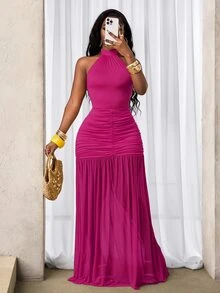 VaVaBold Women's Versatile Pleated Halter Neck Tie Elegant Dress - Hot Pink - View 11