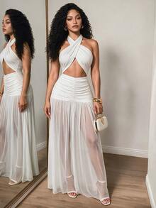 SHEIN Foxxy Women's Extra Long Dragging Neck Mesh Ruched Backless Dress Beach Vacation White Summer Tropical - White - View 1