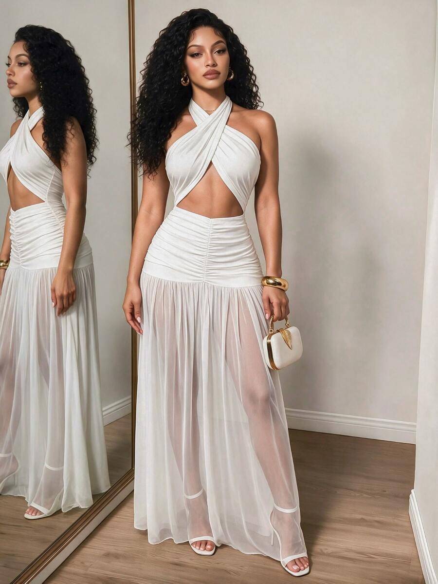 SHEIN Foxxy Women's Extra Long Dragging Neck Mesh Ruched Backless Dress Beach Vacation White Summer Tropical - White - View 1
