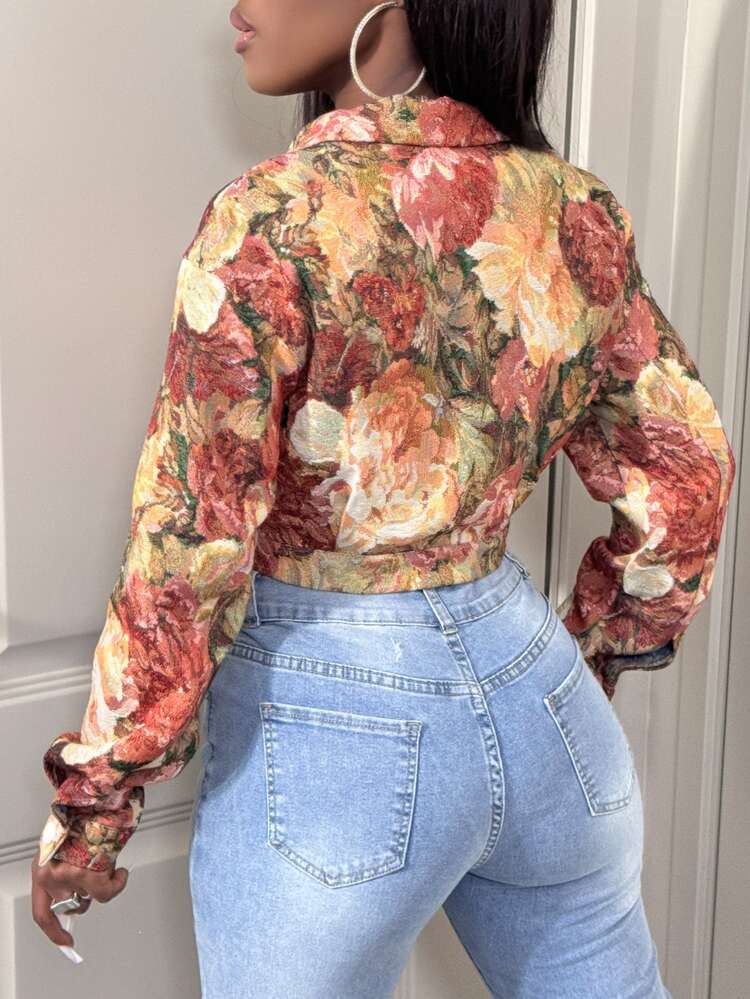 BamGleam Women's Floral Print Long Sleeve Single-Breasted Cropped Casual Jacket, Autumn - Multicolor - View 2