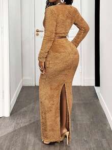 BamGleam Women Plush Cropped Top And Extra Long Skirt 2 Pieces Set,Winter Clothes For Women, Night Out Club Shades Of Brown Sexy - Khaki - View 2