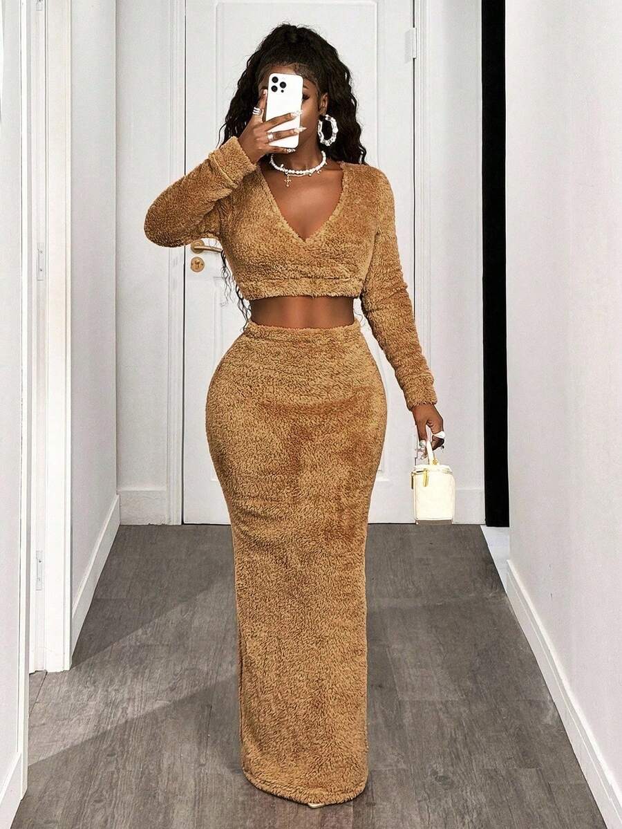 BamGleam Women Plush Cropped Top And Extra Long Skirt 2 Pieces Set,Winter Clothes For Women, Night Out Club Shades Of Brown Sexy - Khaki - View 1