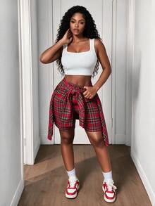 BamGleam Women's Super Cool Casual Plaid Printed Shorts With 2 In 1 Design, Christmas - Red - View 4