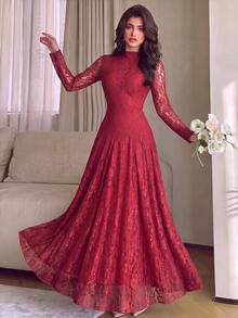Modelyn 酒紅色設計半高領收腰顯瘦蕾絲女款洋裝，適合聖誕新年晚餐雞尾酒會，秋季浪漫優雅風 - 玫瑰紅 - 查看 6