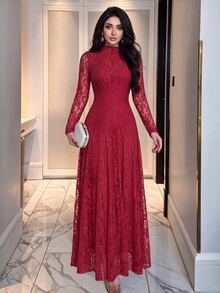 Modelyn 酒紅色設計半高領收腰顯瘦蕾絲女款洋裝，適合聖誕新年晚餐雞尾酒會，秋季浪漫優雅風 - 玫瑰紅 - 查看 5