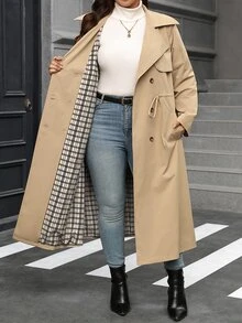 SHEIN Clasi 大尺碼女款收腰休閒優雅長款風衣外套 秋冬辦公正式商務外出米色 - 卡其色 - 查看 9