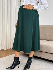 SHEIN تنورة كاجوال يومية بلون موحد للحوامل لفصل الخريف - أخضر داكن - مشاهدة 3