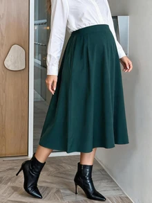 SHEIN تنورة كاجوال يومية بلون موحد للحوامل لفصل الخريف - أخضر داكن - مشاهدة 2