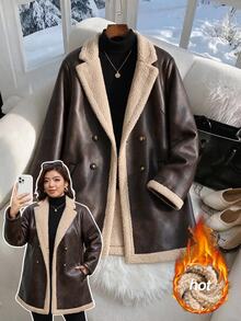 SHEIN Clasi 大尺碼拼色 PU 材質拼接鈕扣長袖夾克 棕色 冬季休閒休閒風 寬鬆街頭風 優雅通勤居家穿搭 - 棕色 - 查看 11