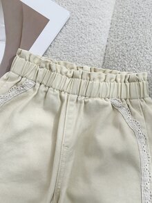 SHEIN 女童新款杏色丹寧牛仔褲，蕾絲飾邊，寬鬆舒適休閒長褲，時尚百搭油白波點寬腿褲，寬鬆直筒 100% 純棉牛仔褲，修身顯瘦，日常上學、外出與度假風格必備 - 杏色 - 查看 8