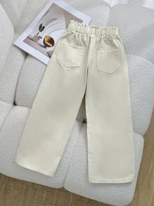 SHEIN 女童新款杏色丹寧牛仔褲，蕾絲飾邊，寬鬆舒適休閒長褲，時尚百搭油白波點寬腿褲，寬鬆直筒 100% 純棉牛仔褲，修身顯瘦，日常上學、外出與度假風格必備 - 杏色 - 查看 3