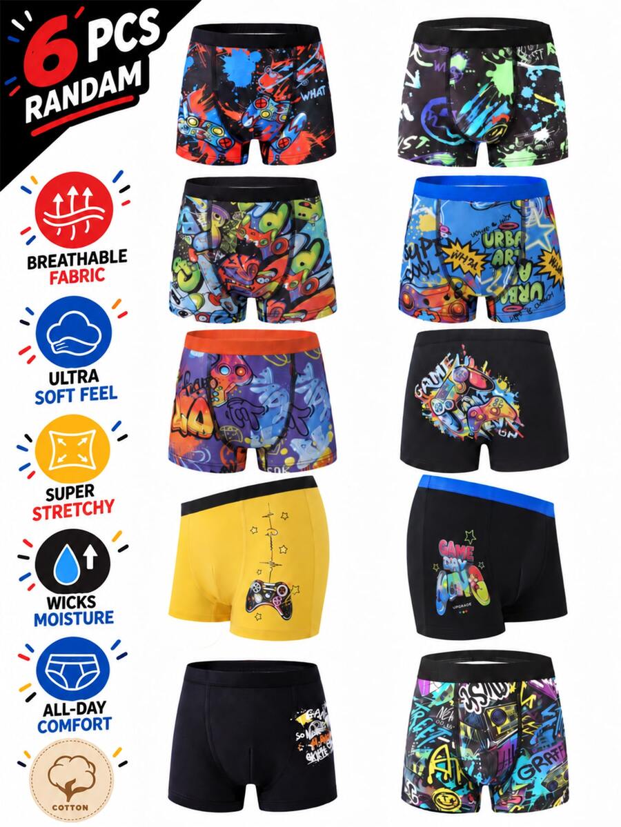 Tween Boys Boxer Briefs 6-Piece Pack, Soft Cotton Breathable Underwear With Cool Video Game Controller Graffiti Print - Multicolor - View 1