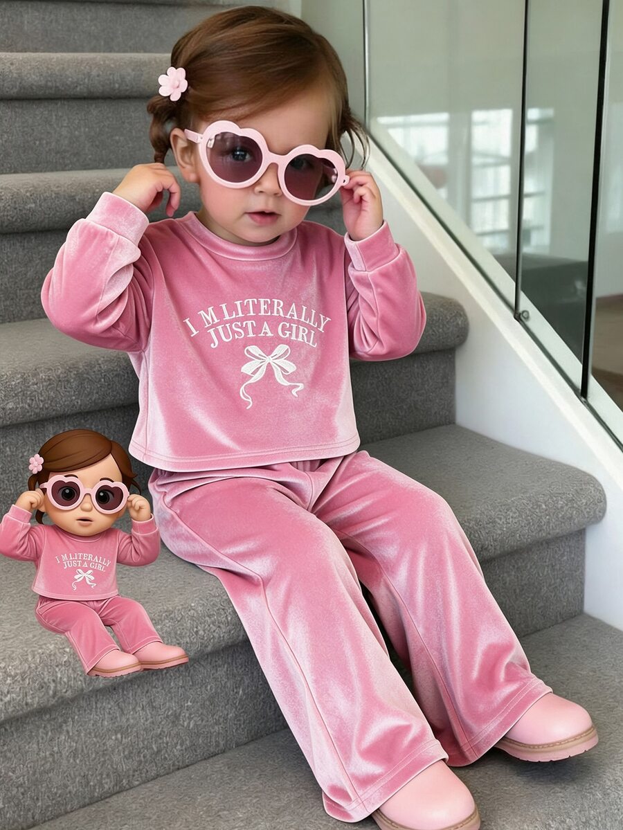 SHEIN 2件組 幼兒女嬰連帽褲套裝 可愛粉色蝴蝶結 長袖圓領 寬鬆舒適 柔軟保暖 秋冬公主風 假日冬季休閒日常穿著
