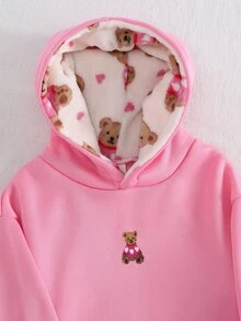 Young Girls Simple Hooded Sweatshirt With Thermal Lining, Pink Cute Bear Print, Bear Plush Patchwork Hood Design, Autumn/Winter Style, Suitable For Sports, Outings, Parties, School Wear - Pink - View 6