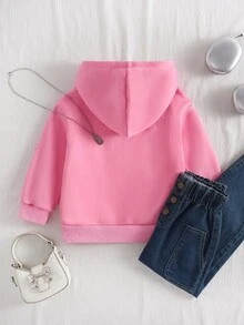 Young Girls Simple Hooded Sweatshirt With Thermal Lining, Pink Cute Bear Print, Bear Plush Patchwork Hood Design, Autumn/Winter Style, Suitable For Sports, Outings, Parties, School Wear - Pink - View 2