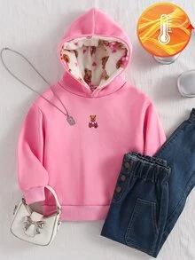 Young Girls Simple Hooded Sweatshirt With Thermal Lining, Pink Cute Bear Print, Bear Plush Patchwork Hood Design, Autumn/Winter Style, Suitable For Sports, Outings, Parties, School Wear - Pink - View 4