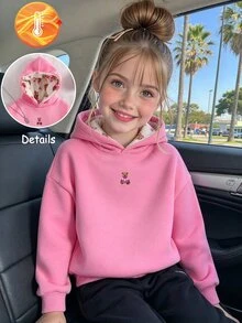 Young Girls Simple Hooded Sweatshirt With Thermal Lining, Pink Cute Bear Print, Bear Plush Patchwork Hood Design, Autumn/Winter Style, Suitable For Sports, Outings, Parties, School Wear - Pink - View 1