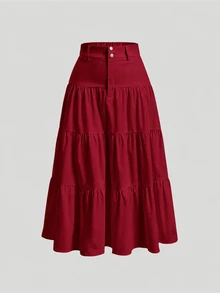 SHEIN MOD Women's Solid Color High-Waist Apricot Skirt With Ruffle Hem - Red - View 1