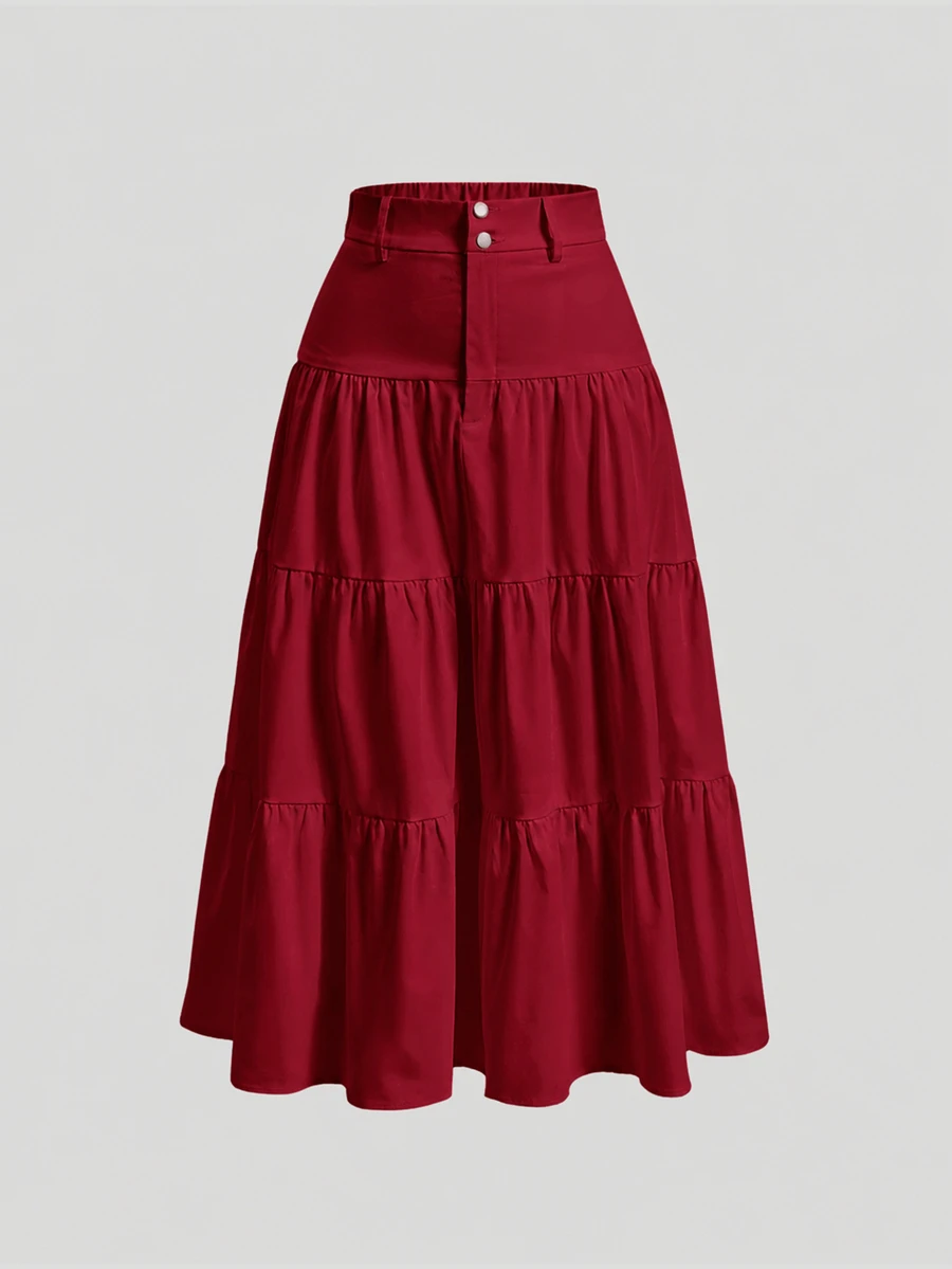 SHEIN MOD Women's Solid Color High-Waist Apricot Skirt With Ruffle Hem - Red - View 1