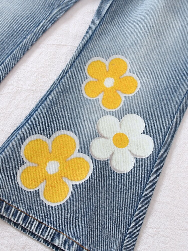 SHEIN Setelan 2 potong untuk anak perempuan: Cardigan motif bunga cokelat, celana denim motif bunga, atasan model melebar dengan belahan renda untuk gaya musim gugur, atasan untuk ulang tahun ke-7. - Kuning - View 7