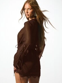 KIZN Chiffon Mini Dress With Lace Trim Long Sleeve Lace-Up Front Cowl Neck Party Dress - Chocolate Brown - View 2