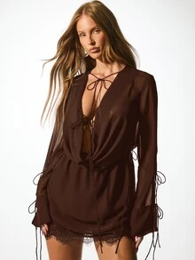 KIZN Chiffon Mini Dress With Lace Trim Long Sleeve Lace-Up Front Cowl Neck Party Dress - Chocolate Brown - View 4