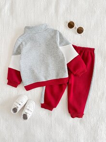 Cozy Pixies 2件組男嬰拼色字母印花圓領長袖半拉鍊套頭運動衫與彈性腰鬆緊慢跑褲套裝 - 彩色 - 查看 7