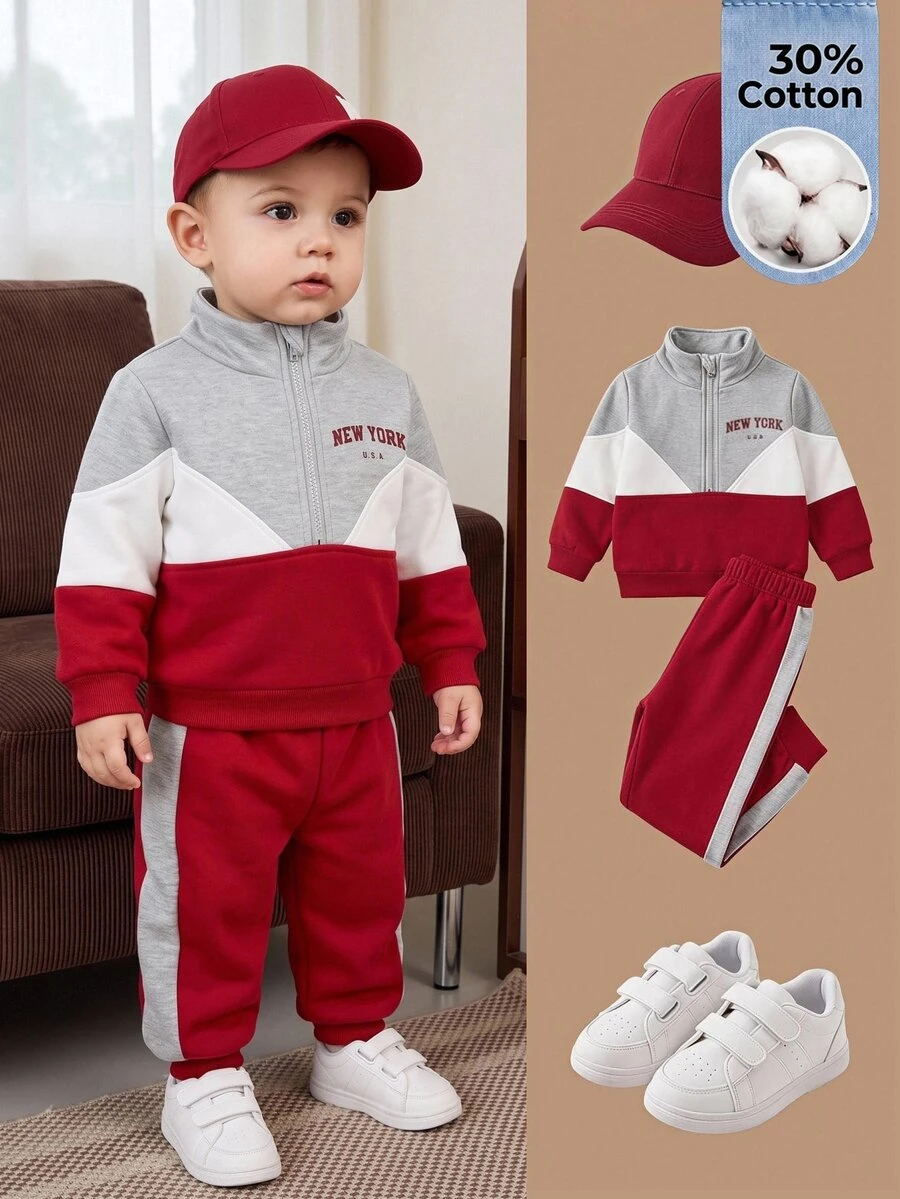 Cozy Pixies 2pcs Baby Boy Color Block Letter Print Round Neck Long Sleeve Half-Zip Pullover Sweatshirt And Elastic Waist Jogger Pants Set - Multicolor - View 1