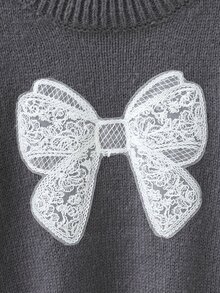 SHEIN 秋冬女童簡約針織毛衣上衣，蕾絲蝴蝶結與亮片裝飾設計，極簡優雅兒童圓領套頭針織衫，適合日常穿著、外出、旅行、上學、運動、休閒、玩耍 - 灰色 - 查看 7