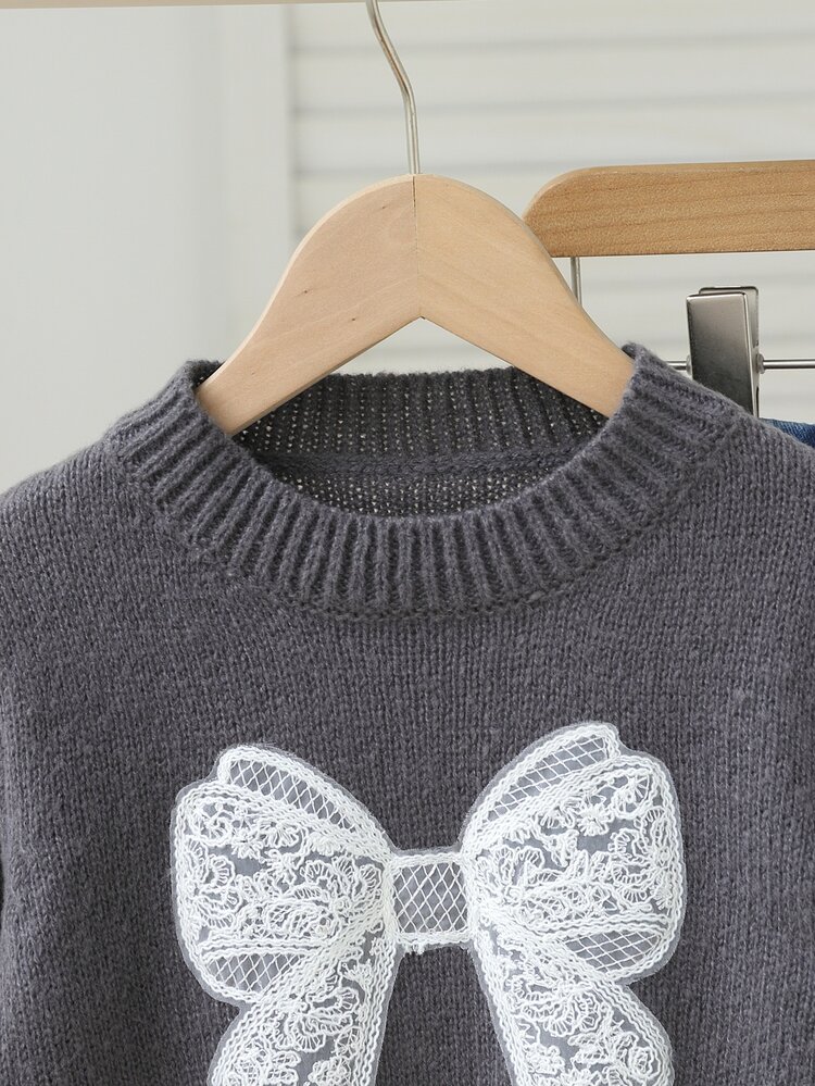 SHEIN Autumn/Winter Girls' Simple Knitted Sweater Top, Lace Bow & Sequin Decor Design, Minimalist Elegant Children's Round Neck Pullover Knitwear, Suitable For Daily Wear, Outings, Travel, School, Sports, Leisure, Play - Grey - View 6