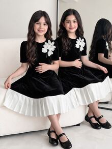 Tween Girls Ruched 1pc Bowknot Pleated Short Sleeve Mini Dress, Loose Fit, Summer, Graduation Formal Party, Wedding Black And White Elegant Cute - Black - View 3