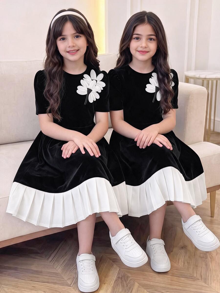 Tween Girls Ruched 1pc Bowknot Pleated Short Sleeve Mini Dress, Loose Fit, Summer, Graduation Formal Party, Wedding Black And White Elegant Cute